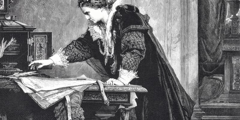 Královna Alžběta I. podepisuje příkaz k popravě Marie Stuartovny