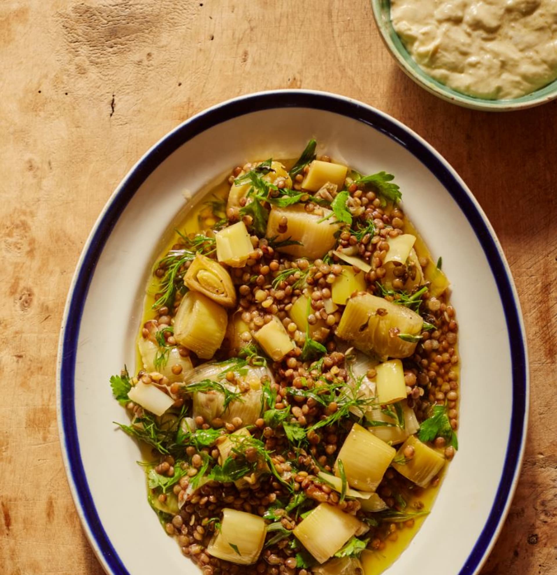Leek Confit with Puy Lentils and Cream of Shallots, according to Ottolenghi