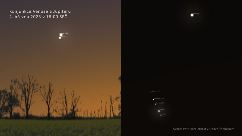 Konjunkce Venuše a Jupiteru 1. a 2. března 2023 v 18:00 SEČ