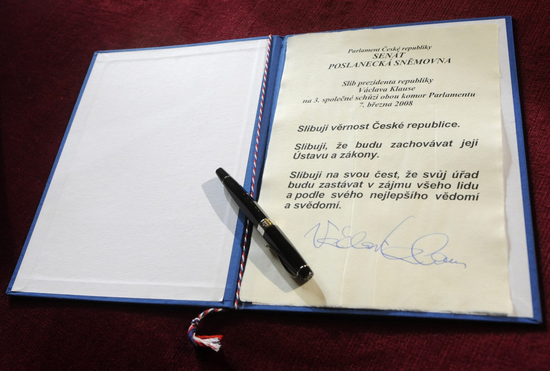 Prezidentský slib Václava Klause z roku 2008