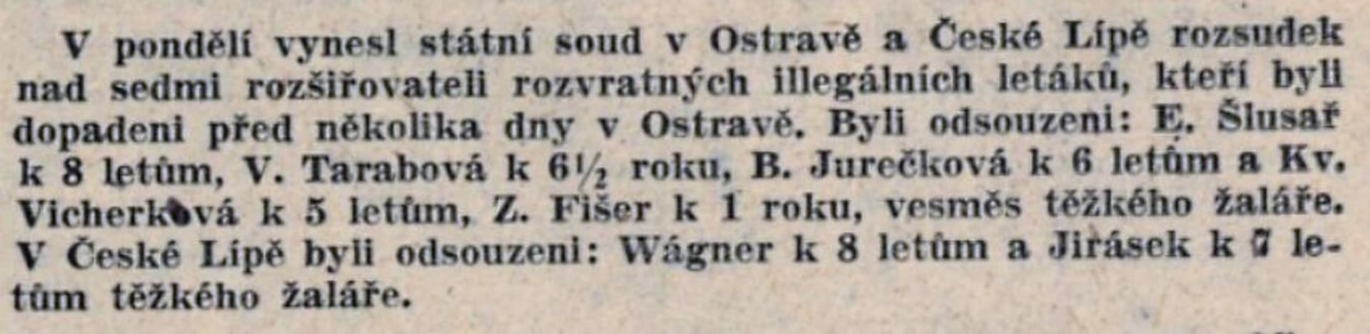 Rudé právo z 21. září 1948 informuje na titulní straně o procesu s Emilem Šlusařem a dalšími obviněnými, kteří šířili protirežimní letáky.