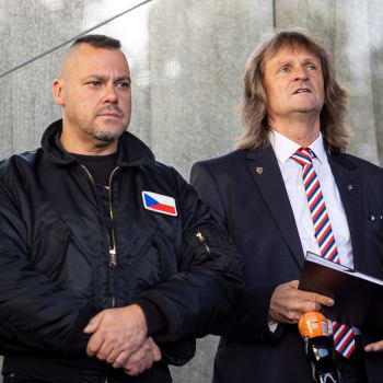 Miroslav Ševčík s Tomášem Ortelem na protivládní demonstraci (28. 9. 2022)