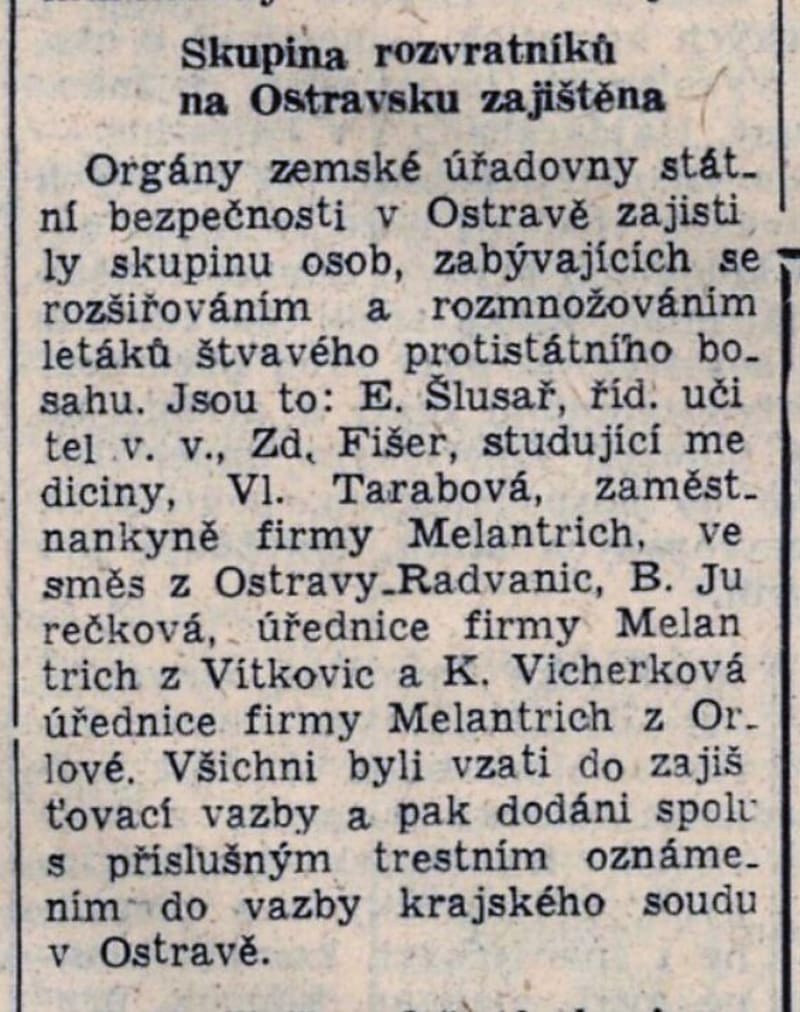 Rudé právo z 17. září 1948 informuje na titulní straně o zatčení skupiny kolem Emila Šlusaře, která byla obviněna ze šíření protistátních letáků.