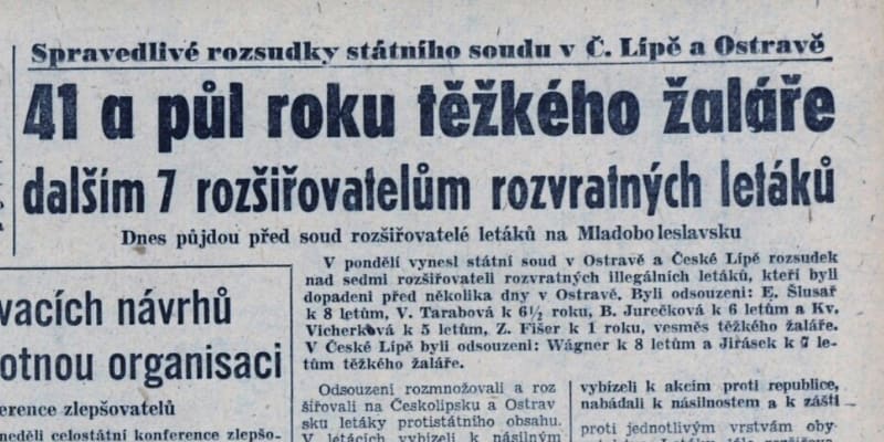Rudé právo z 21. září 1948 informuje na titulní straně o procesu s Emilem Šlusařem a dalšími obviněnými, kteří šířili protirežimní letáky.