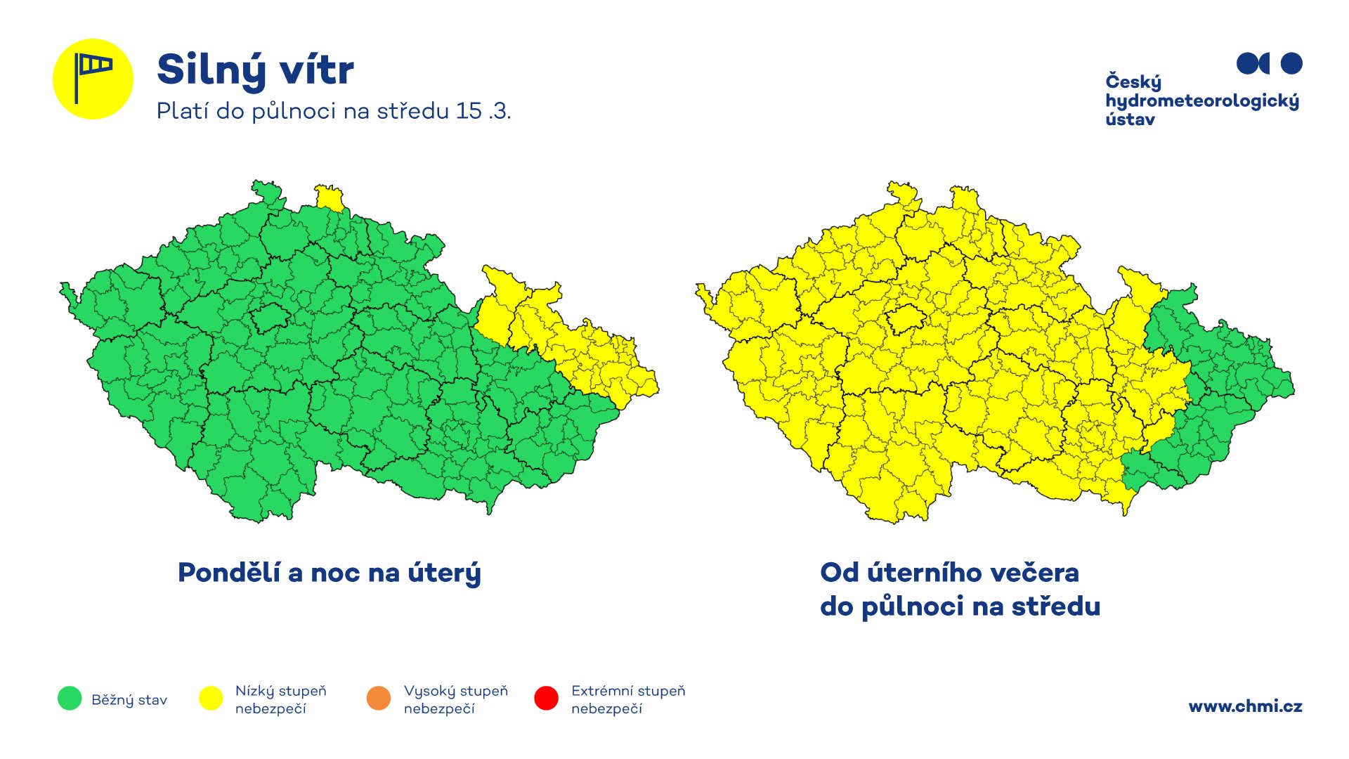 Český hydrometeorologický ústav vydal výstrahu před větrem. Platí až do úterní půlnoci (14. 3. 2023)