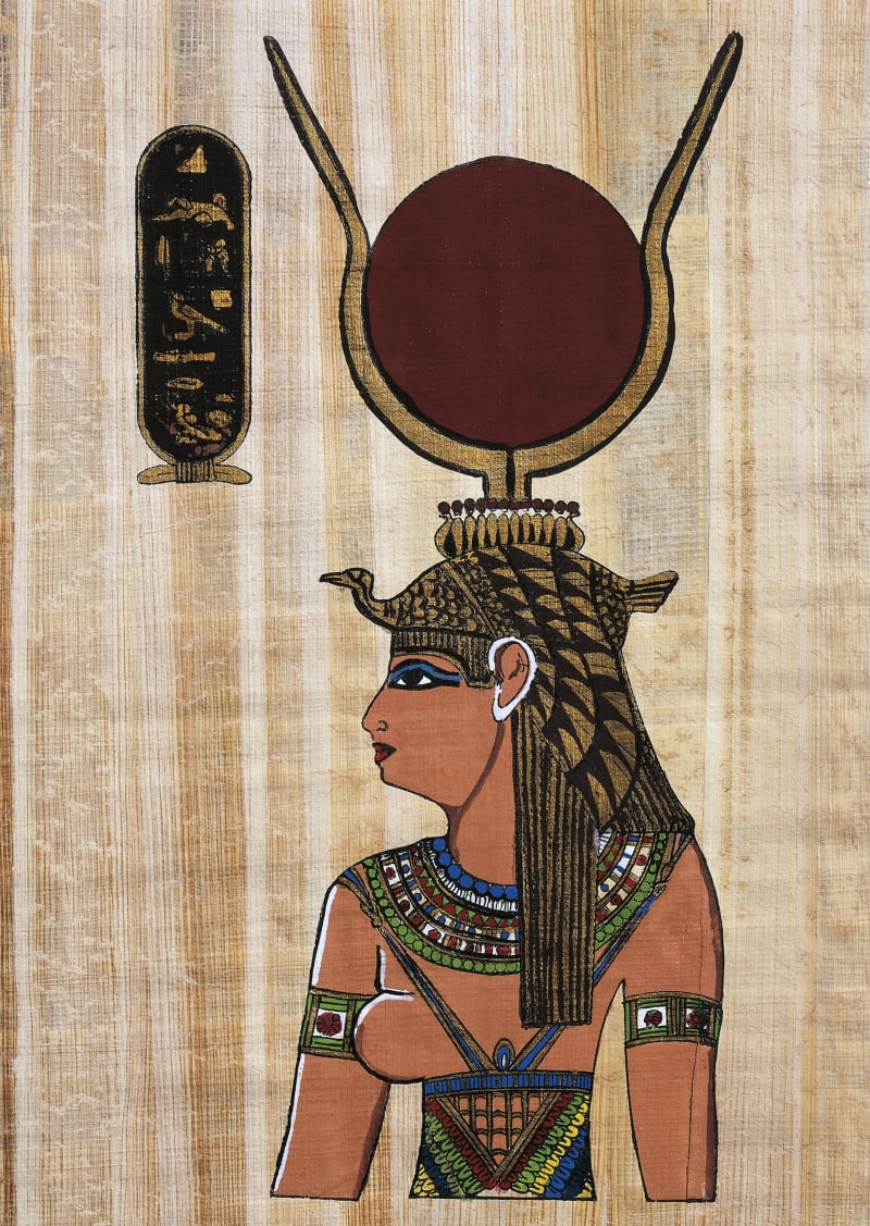 Vyobrazení Kleopatry podle reliéfu z chrámu Kom Ombo