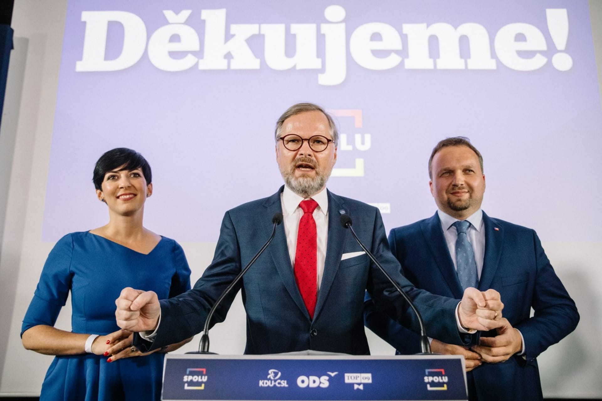Předsedové strany koalice Spolu Markéta Pekarová Adamová (TOP 09), Petr Fiala (ODS) a Marian Jurečka (KDU-ČSL)