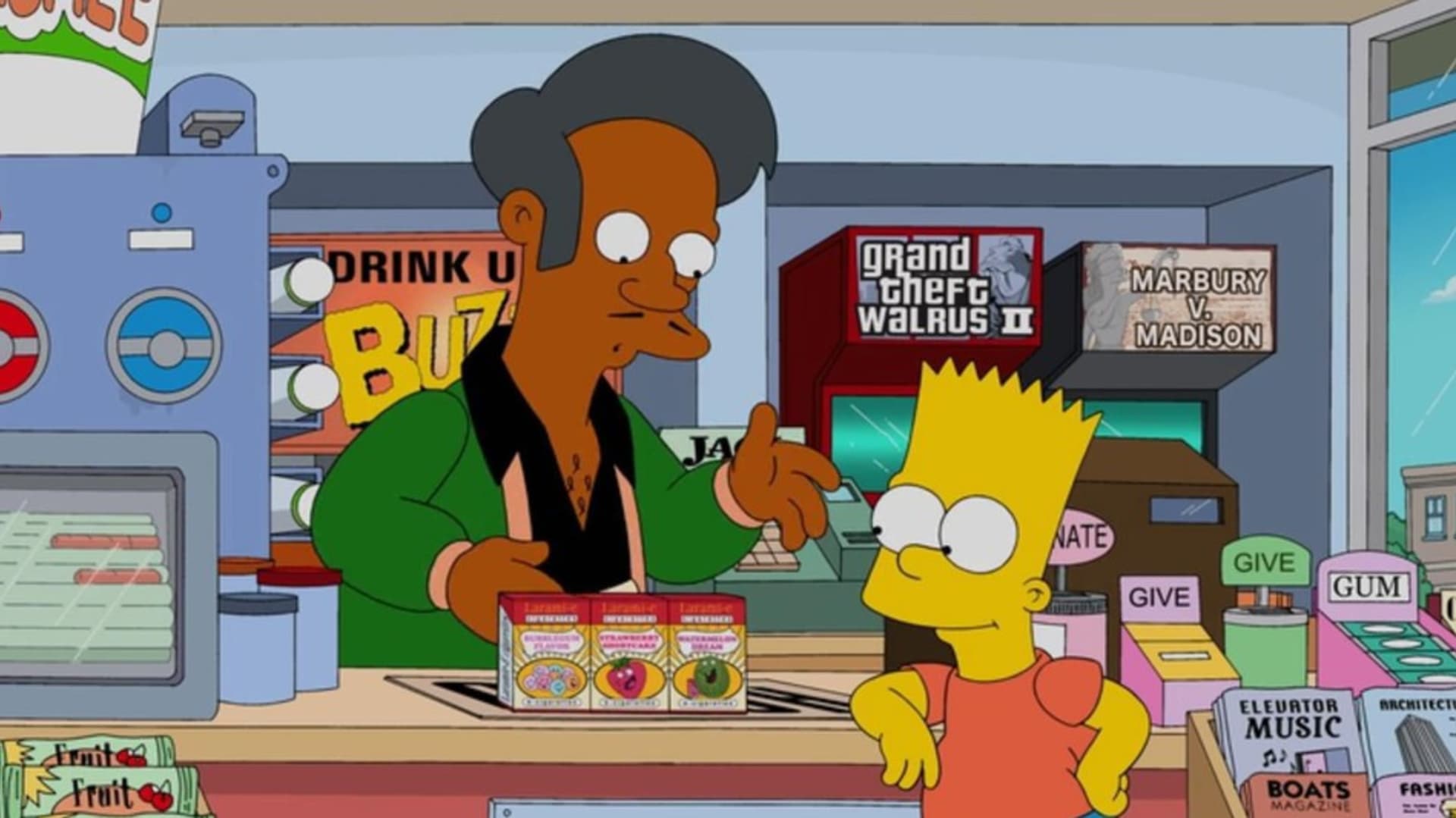 Apu obsluhuje Barta v Kwik-E-Martu