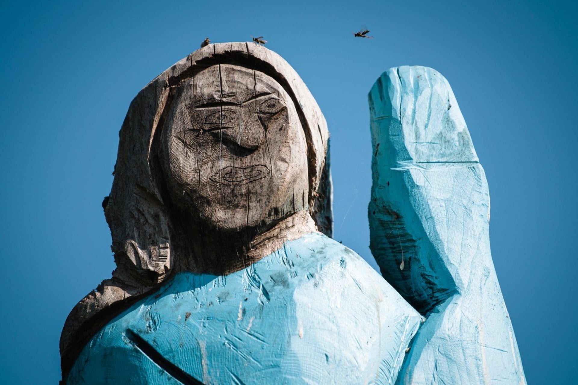 Dřevěná socha Melanie Trumpové poblíž jejího rodného městečka Sevnica