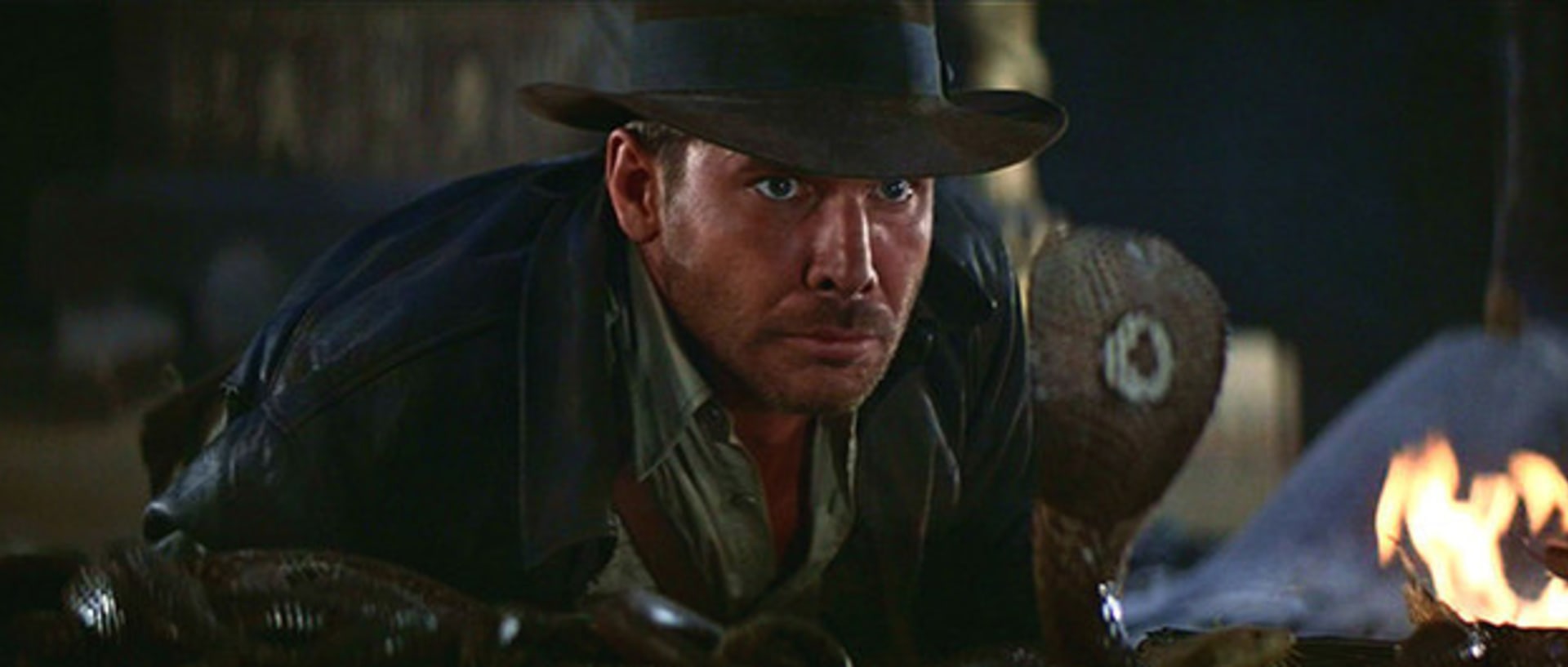 Indiana Jones a dobyvatelé ztracené archy (1981) - V tomhle záběru můžete ve filmu jasně vidět, že hada a Harrisona Forda dělí sklo. Poznáte to podle odrazu hada ve zmíněném skle.