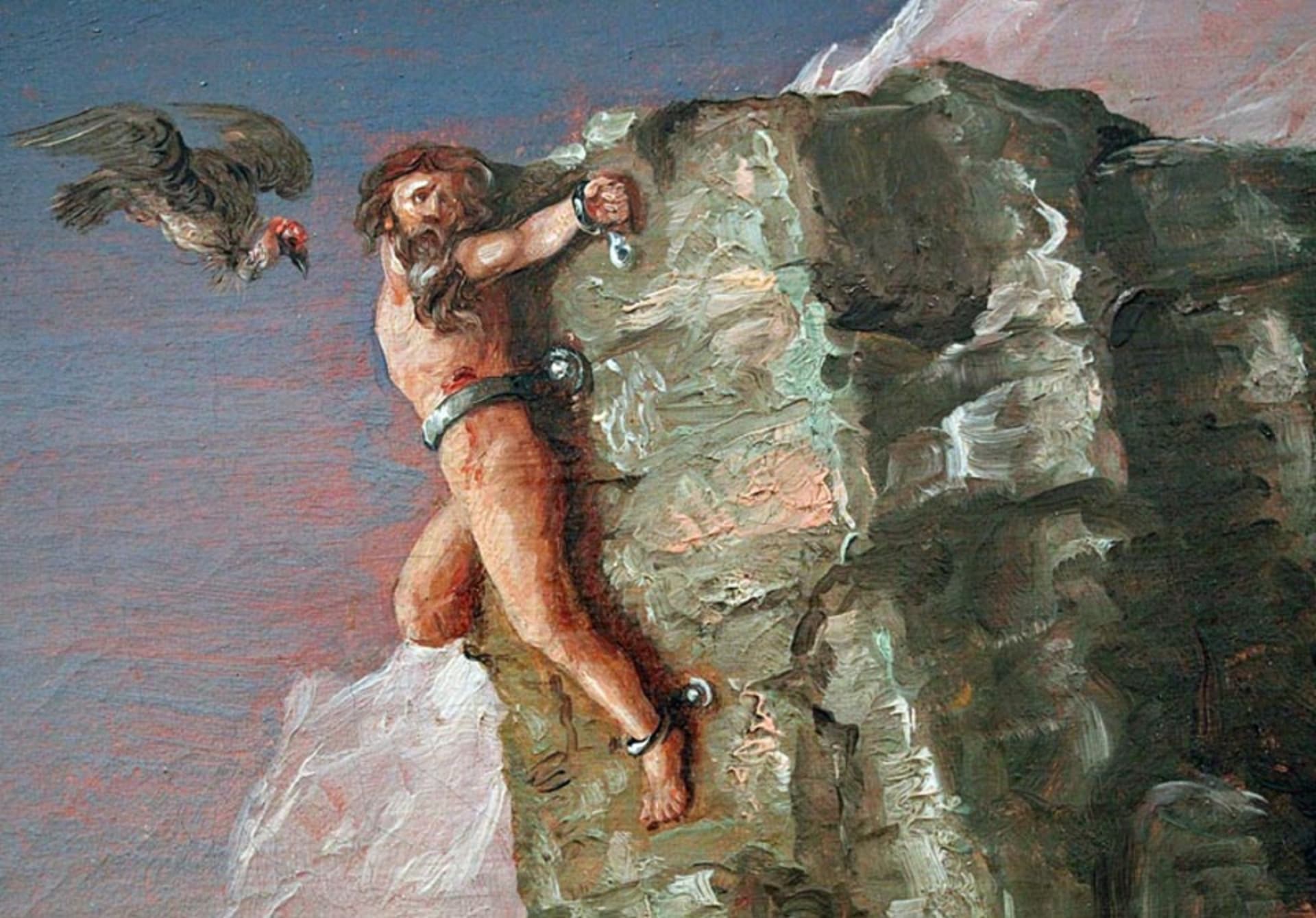 Připoutaný Prometheus na skále v bájném pohoří Kavkaz