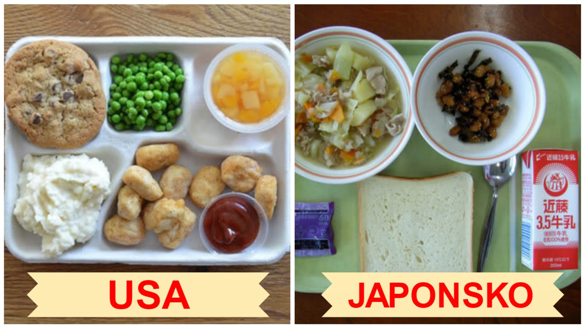 Typický školní oběd v USA a v Japonsku.
