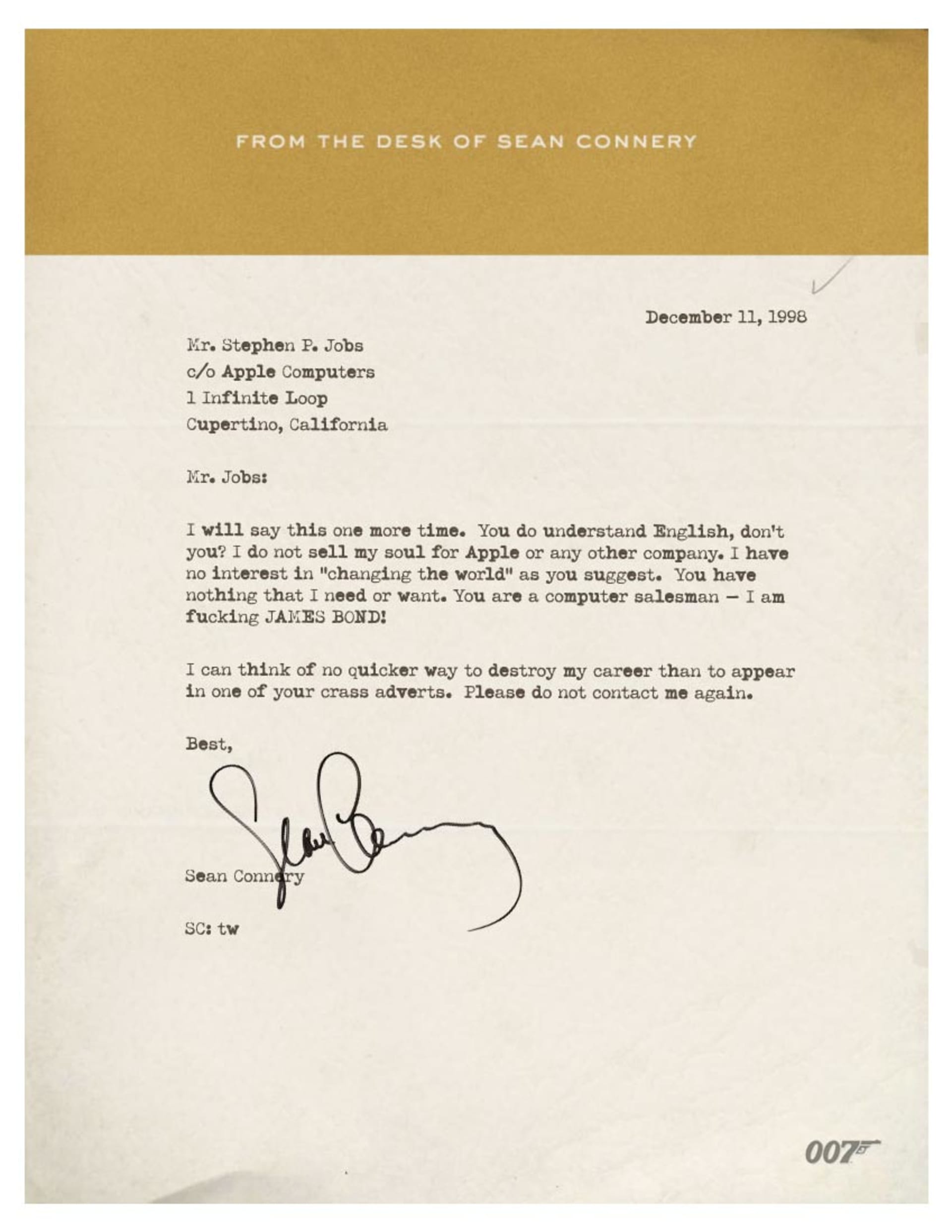 Údajný dopis Seana Conneryho k rukam Steva Jobse