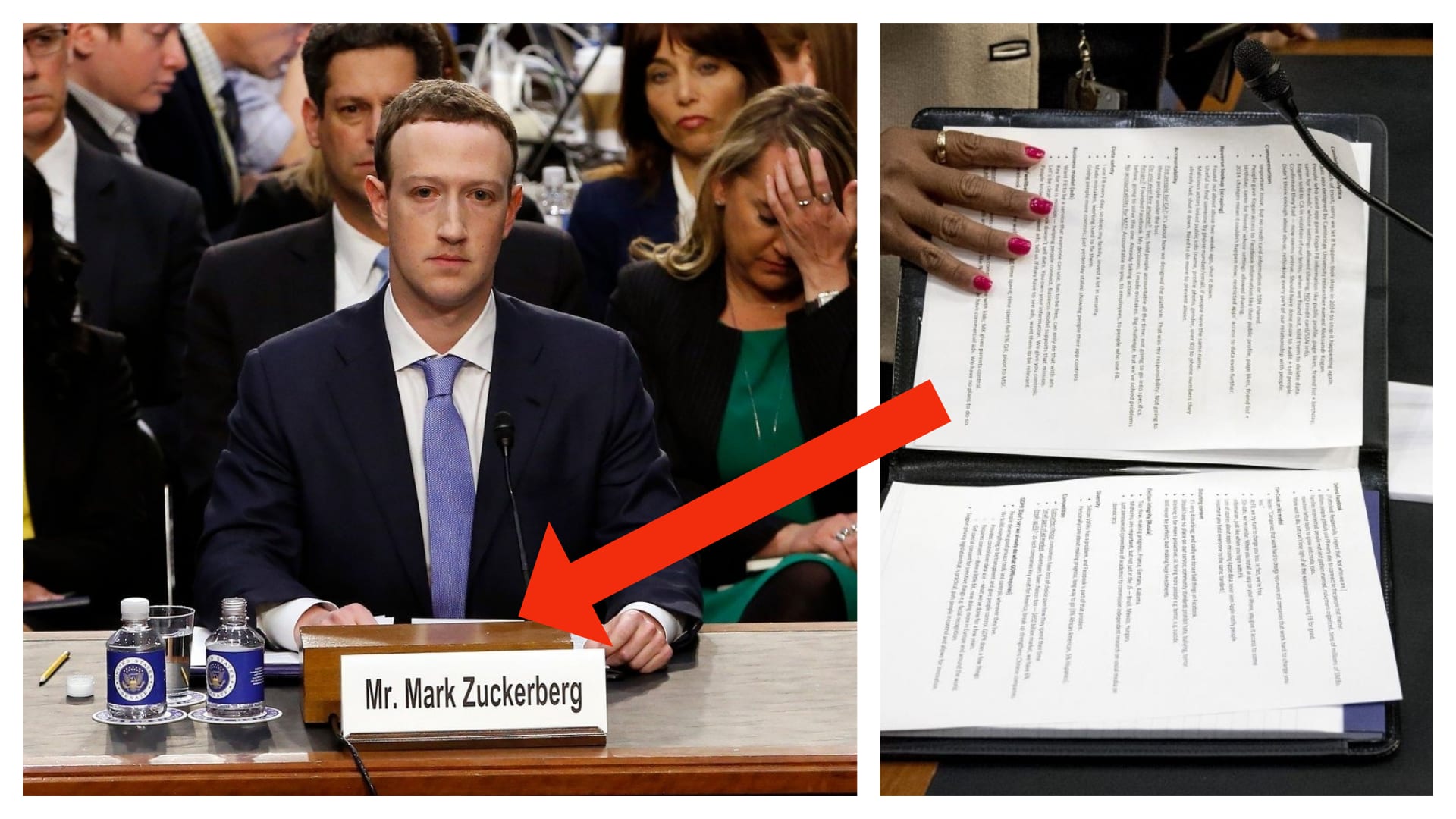 Fotograf zachytitl poznámky Marka Zuckerberga při slyšení před americkými senátory.