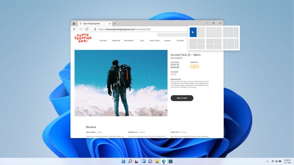 Windows 11 - menu rychlého rozvržení oken