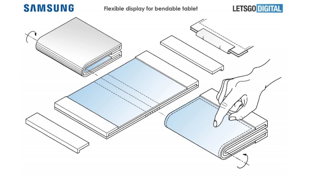 Grafické znázornění patentu, který si Samsung podal na ohebný telefon