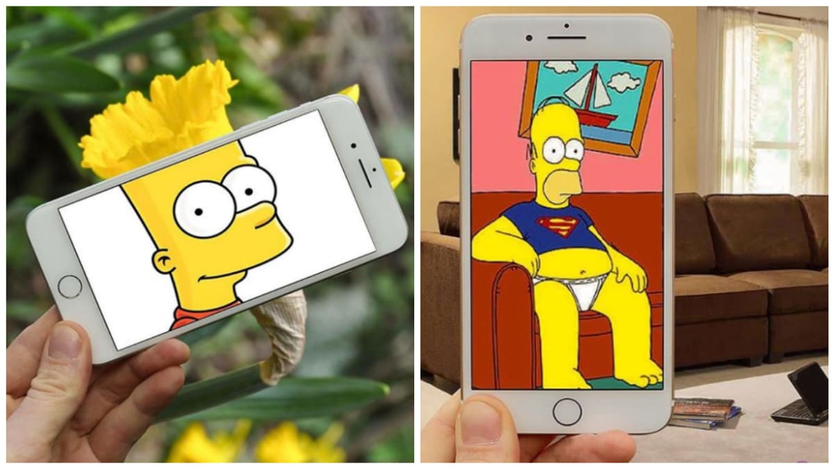 Postavy ze seriálu Simpsonovi, které se pomocí obrazovky telefonu podívaly do reality
