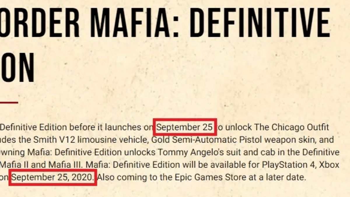 Nové datum vydání na oficiálních stránkách Mafia: Definitive Edition