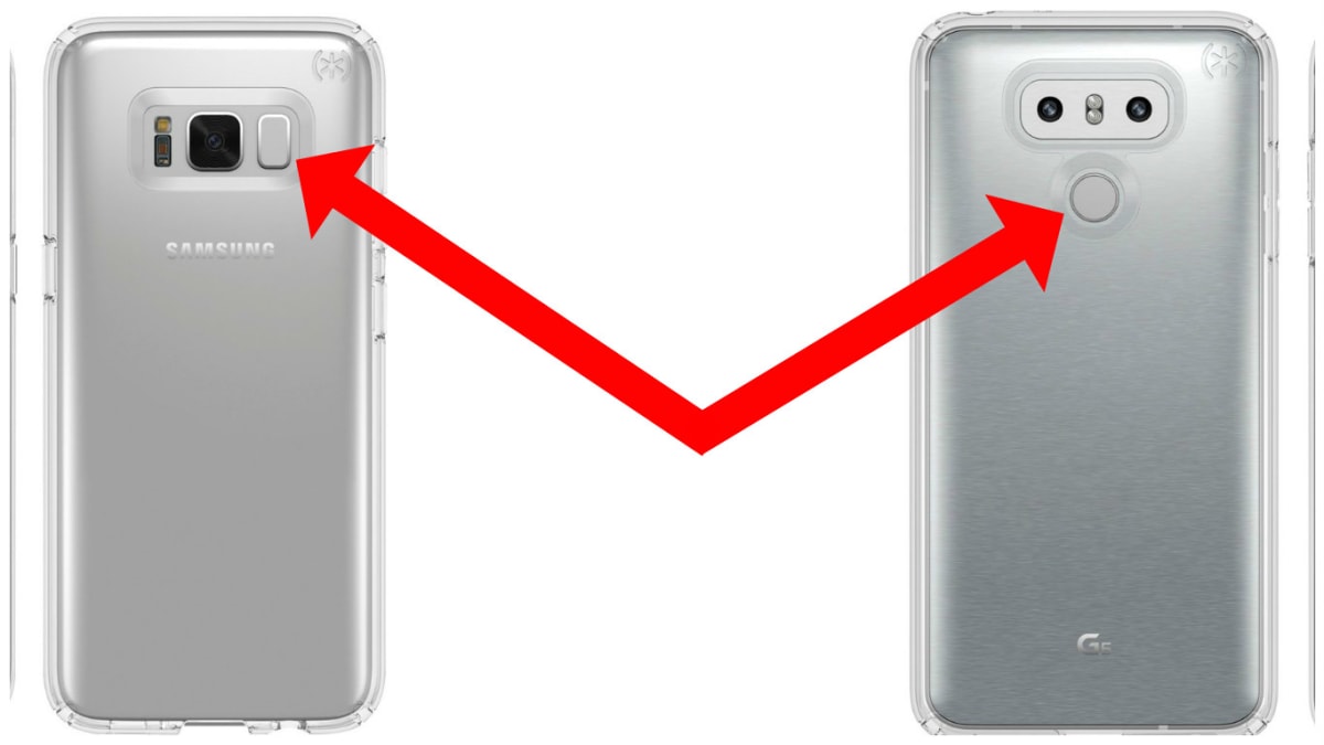 Srovnání umístění čtečky na zádech dvou chystaných vlajkových lodí - vlevo Samsung Galaxy S8 a vpravo LG G6.