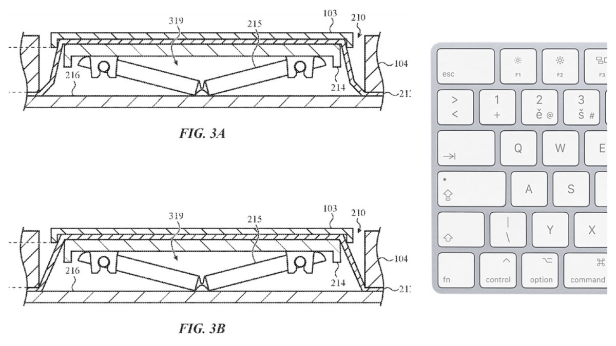 Nákres patentového řešení Apple klávesnice odolné proti nečistotám