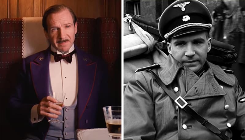Ralph Fiennes jako Monsieur Gustav ve filmu Grand Hotel Budapešť a jako krutý velitel koncentráku Amon Göth ve snímku Schindlerův seznam