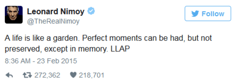 Leonard Nimoy neboli Spock ze Star Treku byl ve svém posledním tweetu velice inspirativní
