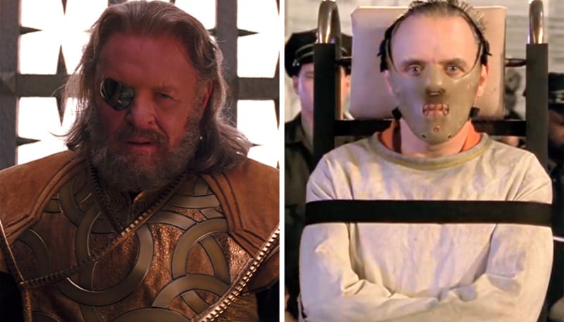 Anthony Hopkins jako Odin v marvelovkách s Thorem a v ikonické roli psychopatického zabijáka Hannibala Lectera v sérii počínající filmem Mlčení jehňátek