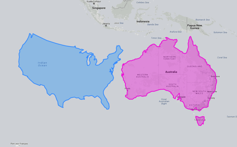 Austrálie je ve skutečnosti velikostně srovnatelná s USA.