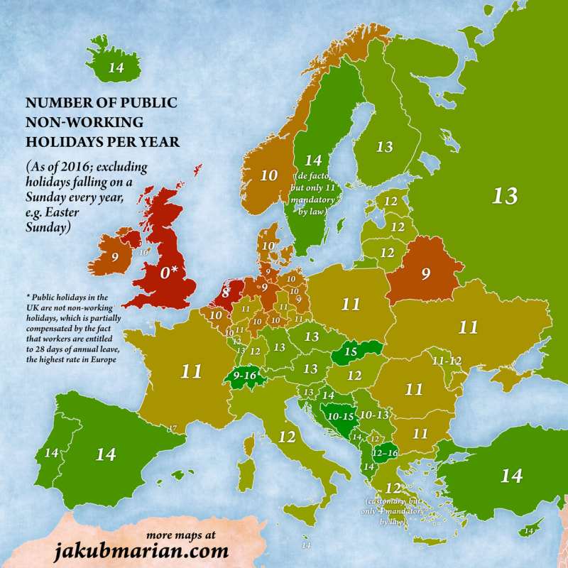 Počet nepracovních svátků v roce -  Češi si volna celkem užijí, narozdíl třeba od Britů, kteří však ze zákona mají více pracovního volna