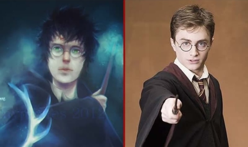 Harry Potter | „Harry byl na svůj věk malý a vyzáblý. Měl hubený obličej, černé divoké vlasy a zářivě zelené oči“