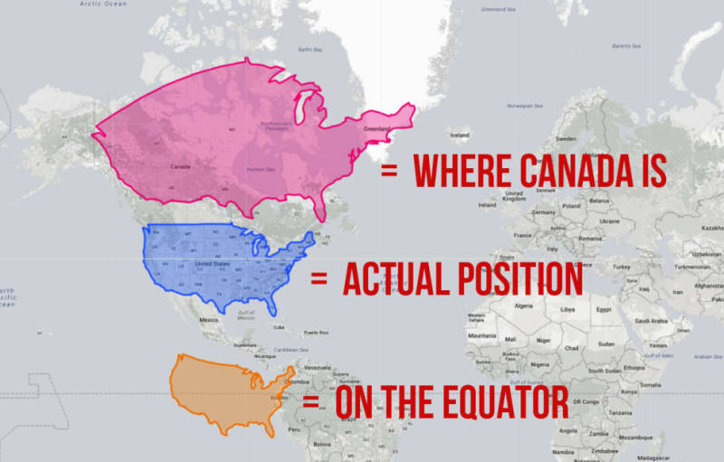 Jak se mění velikost USA, když se na mapě pohybují na sever nebo na jih.