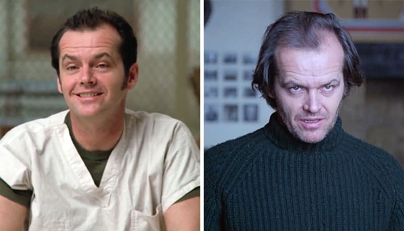Jack Nicholson jako svobodomyslný Randle McMurphy v Přeletu nad kukaččím hnízdem a jako temnou silou posedlý Jack Torrance v hororu Osvícení