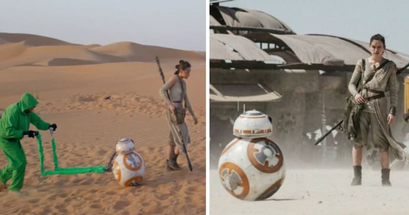 Star Wars: Síla se probouzí (2015) - robot BB-8 se zvládl kutálet i bez pomoci, ale v náročnějším terénu muselo přijít zelené rameno