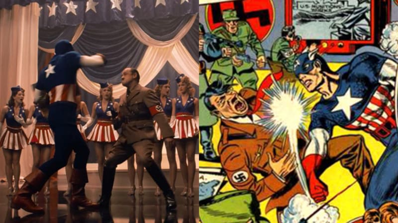 Ve filmu Kapitán Amerika: První Avenger se objevilo plno odkazů, tím nejlepším byla ale rozhodně scéna, ve které kapitán při hře praští Hitlera. Stejně tak vypadala i první obálka komiksu Kapitána Ameriky.