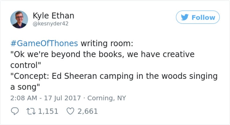 Scénáristi Hry o trůny: "Skvělé, předběhli jsme knihy, takže teď máme tvůrčí kontrolu." Nápad: Ed Sheeran kempující v lesích a zpívající písničku.
