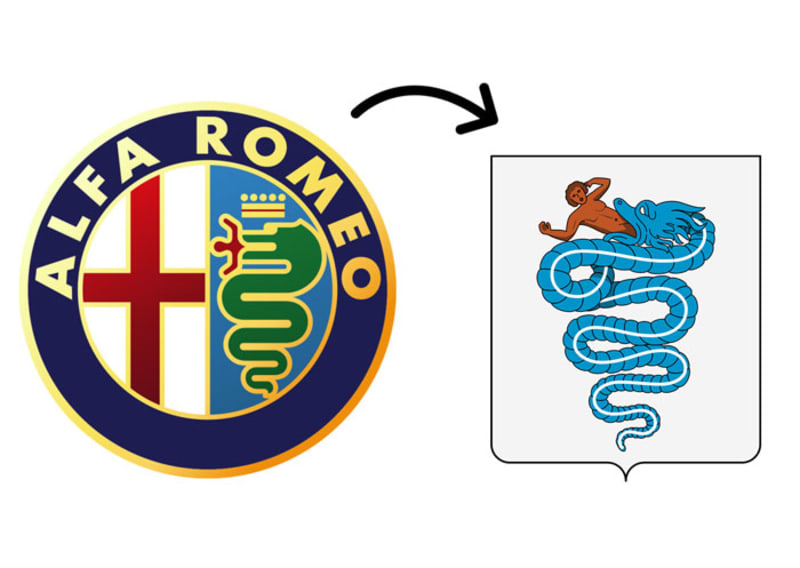 Logo italské automobilky je hodně tradiční a plné symbolů. Napravo obří had požírající bezvěrce, tedy dnešním pohledem možná zákazníky jiných značek.