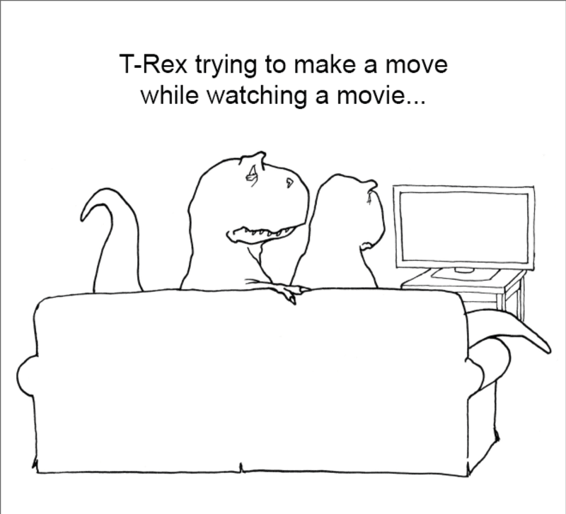 T-Rex zkoušející udělat první krok při sledování filmu