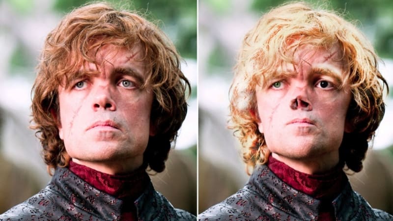 Tyrion je skřet a i když si ho trochu idealizujeme, v knize už po bitvě na Černovodě nebyl pohledný ani trochu. Polovina nosu pryč, obroská jizva a samozřejmě nesmí chybě blond vlasy - znak Lannisterů!