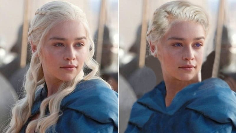 Daenerys nemá v seriálu své fialové oči, to je ovšem pouze drobnost proti vlasům, které ji dvakrát celé shořely... Aktuální stav by byl tedy maximálně takový