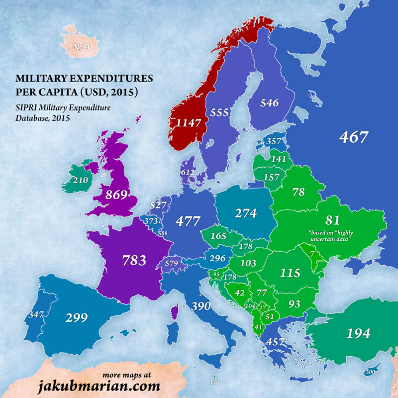 Výdaje na armádu v přepočtu na obyvatele - vysvětlí někdo celkem extrémní čísla Norska?