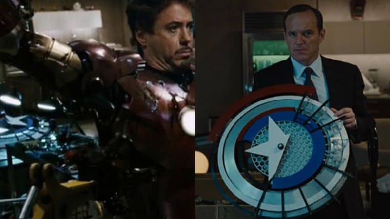 Při natáčení prvního Iron Mana nemohl nikdo tušit, jak jednou bude celá série těchto filmů úspěšná. To však tvůrcům nezabránilo, aby do Tonyho dílny umístili jeden z prvních štítů Kapitána Ameriky. Ve dvojce už je tento odkaz mnohem viditelnější.
