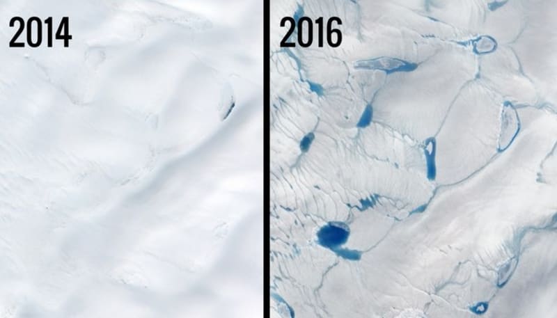 Grónský ledovec - právě tady lze nejlépe spatřit dopady globálního oteplování. Když v ledovci vzniknou první trhliny, taje pak o to rychleji