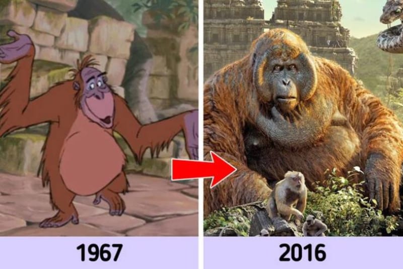 Kniha džunglí - v nové filmové verzi není král Ludvík orangutan, ale vyhynulý pravěký druh Gigantopithecus, který skutečně žil na území Indie, na rozdíl od orangutana. Navíc se tvůrcům líbilo, jak je obrovský