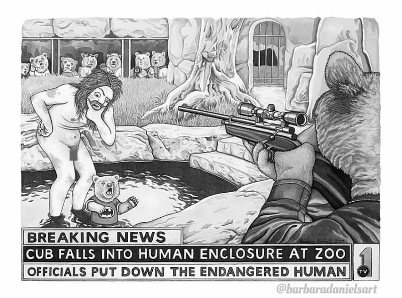 "Aktuální zprávy! Dítě spadlo do lidského výběhu v zoo. Správci zastřelili vyhubením ohroženého člověka."