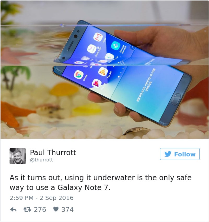 "Tak to vypadá, že jediný bezpečný způsob je používat Galaxy Note 7 pod vodou."