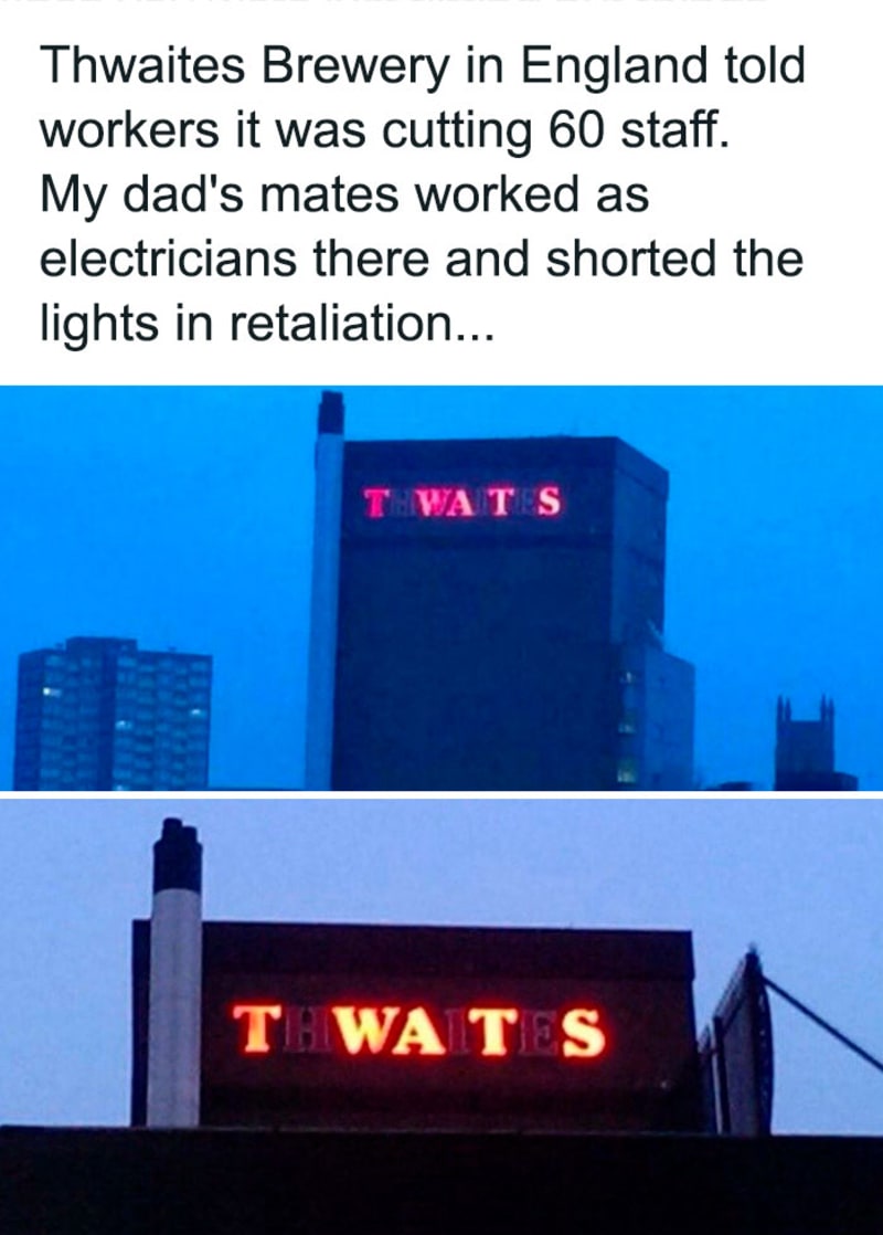 Pivovar Thwaites dal šedesáti zaměstnancům padáka, tak jim elektrikáři upravili nápis na centrále na TWATS, neboli BLBCI."