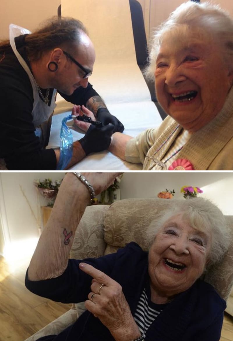 Na své devadesáté narozeniny si nechala vytetovat růžovou stuhu – symbol boje s rakovinou, kterou po pěti letech překonala