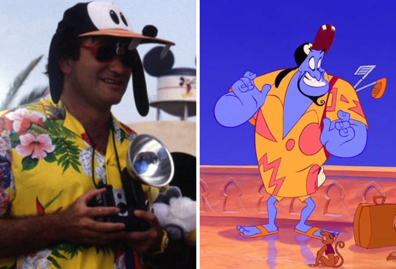 Aladin (1992) - Džin nosí u konce filmu ohoz, který odkazuje na outfit Robina Williamse z kraťasu Back to Neverland, taky z produkce Disneyho