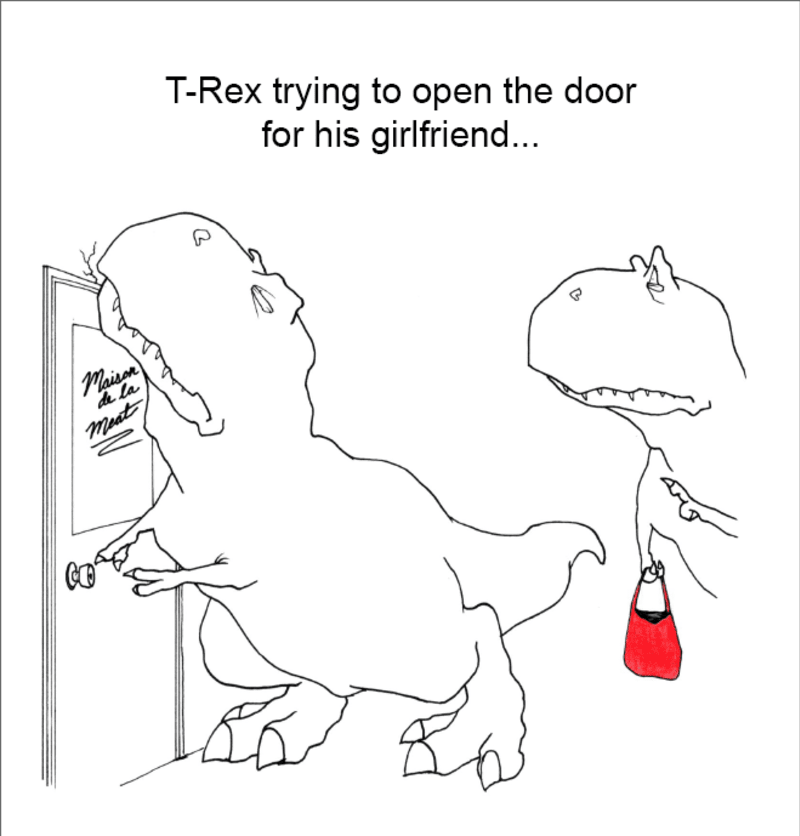 T-Rex snažící se otevřít dveře pro svou milou