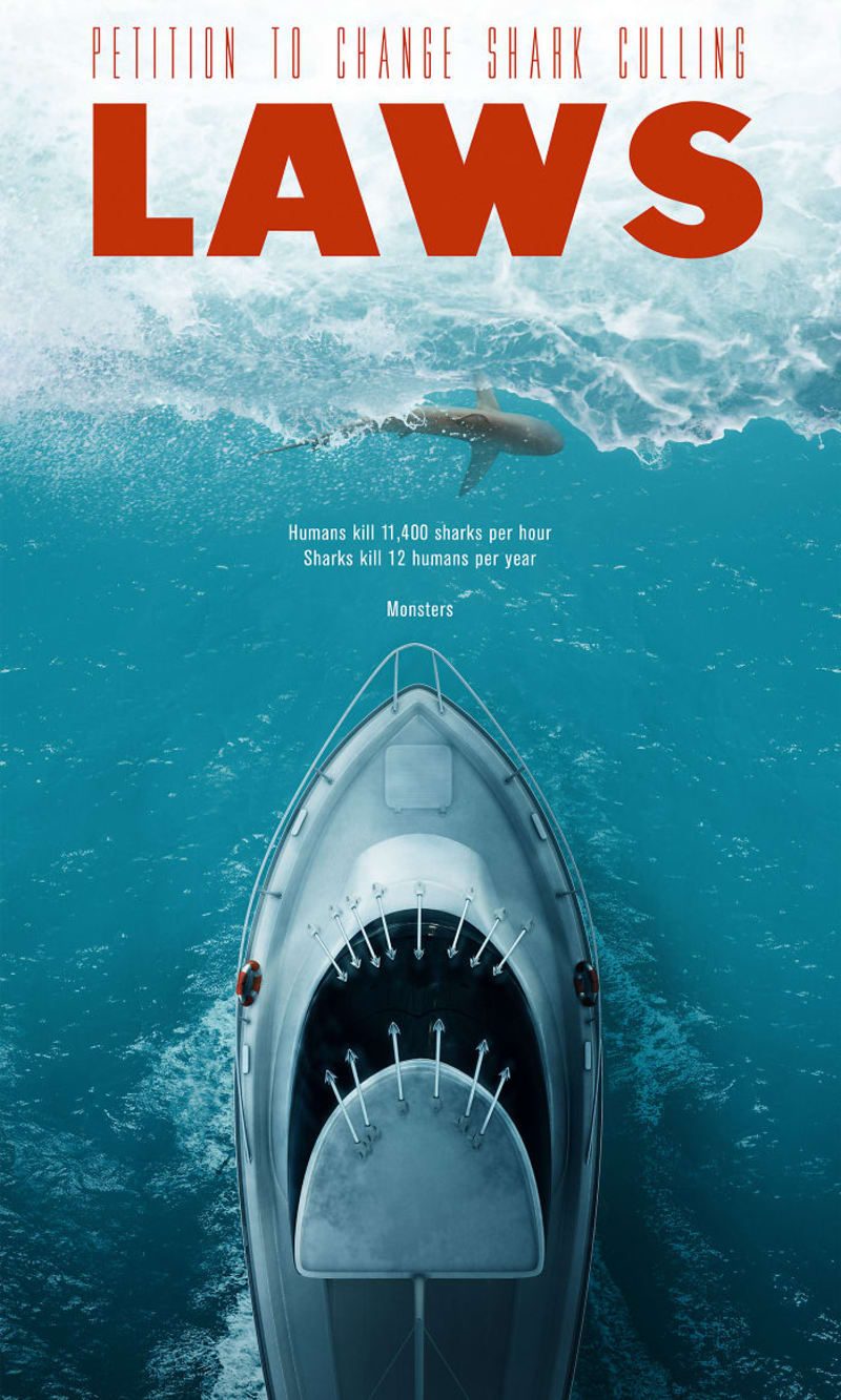 Plakát v kampani na ochranu žraloků - lidé zabijí 11 400 žraloků za hodinu, žraloci 12 lidí za rok